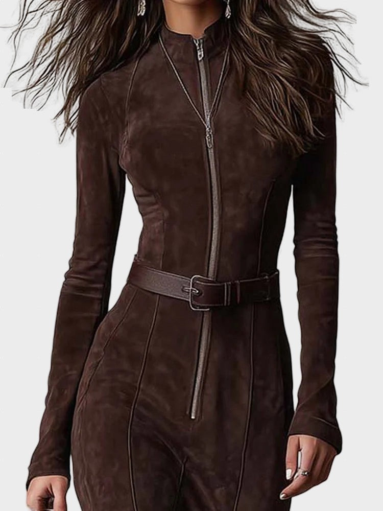 Anna – Dlouhá Hnědá Šaty s Opaskem